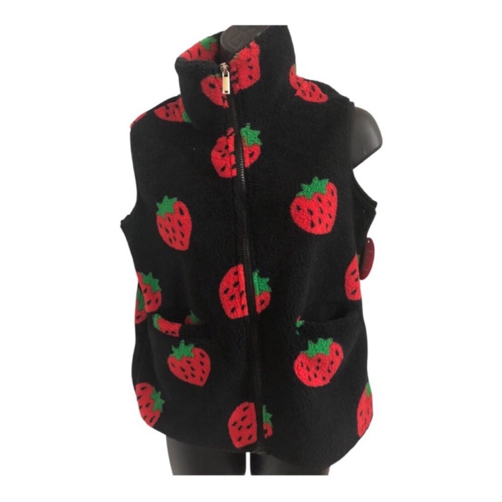 Oversized‎ Strawberry printed sleeveless black fleece vest size Small brand new